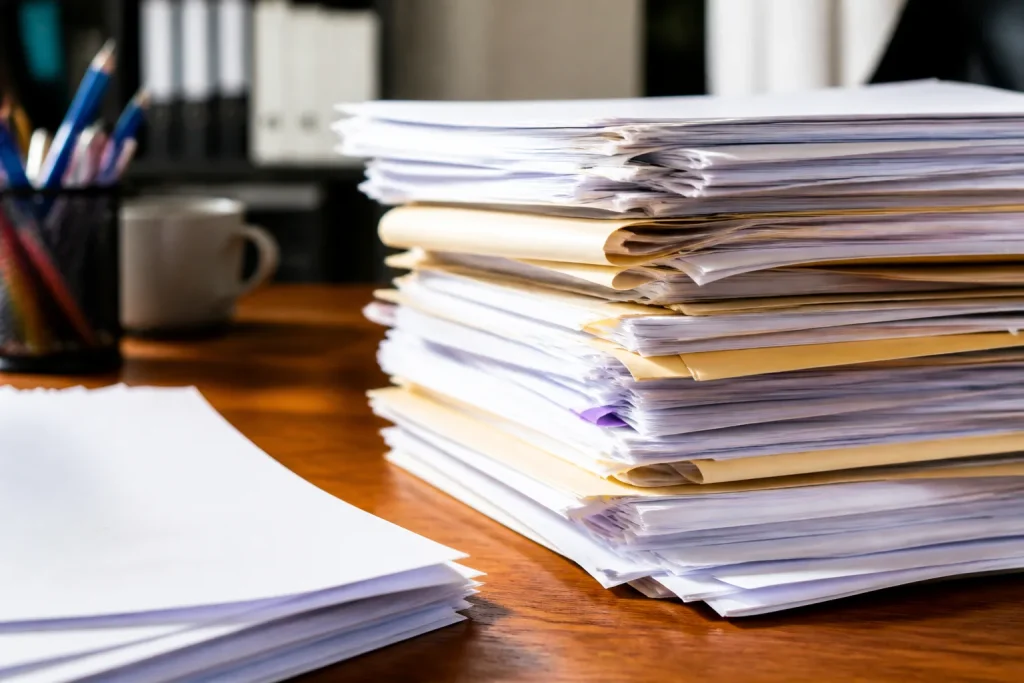 Documents empiles et formulaires de retraite sur bureau