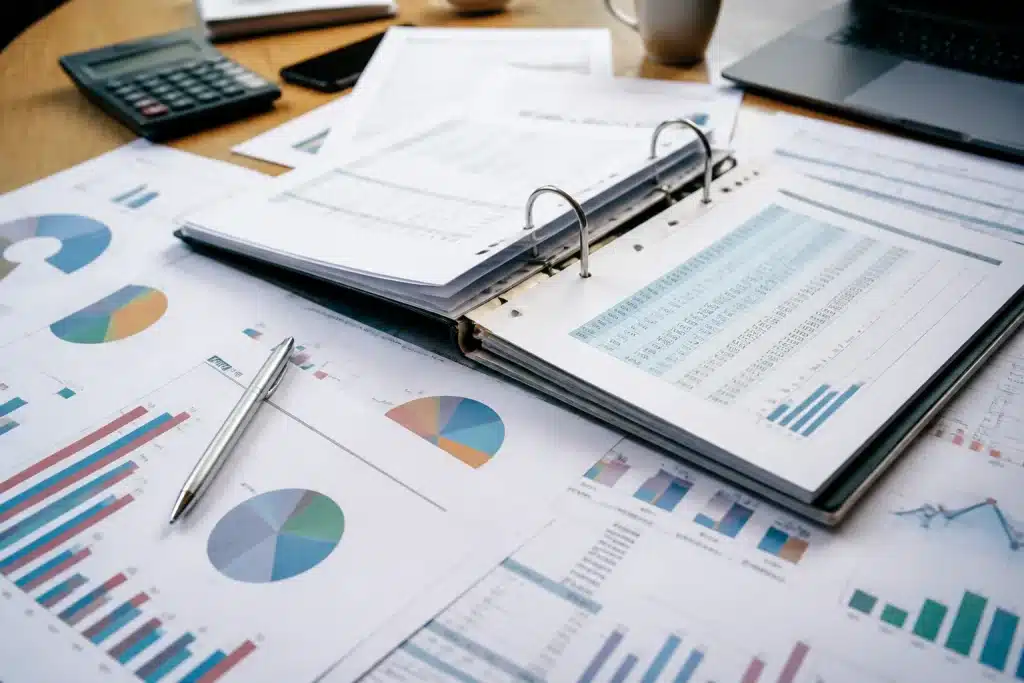 Classeur ouvert avec documents disperses et tableaux numeriques visibles