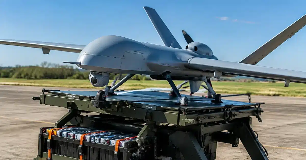 Drone militaire leger pose sur support technique affichant batterie allégée.