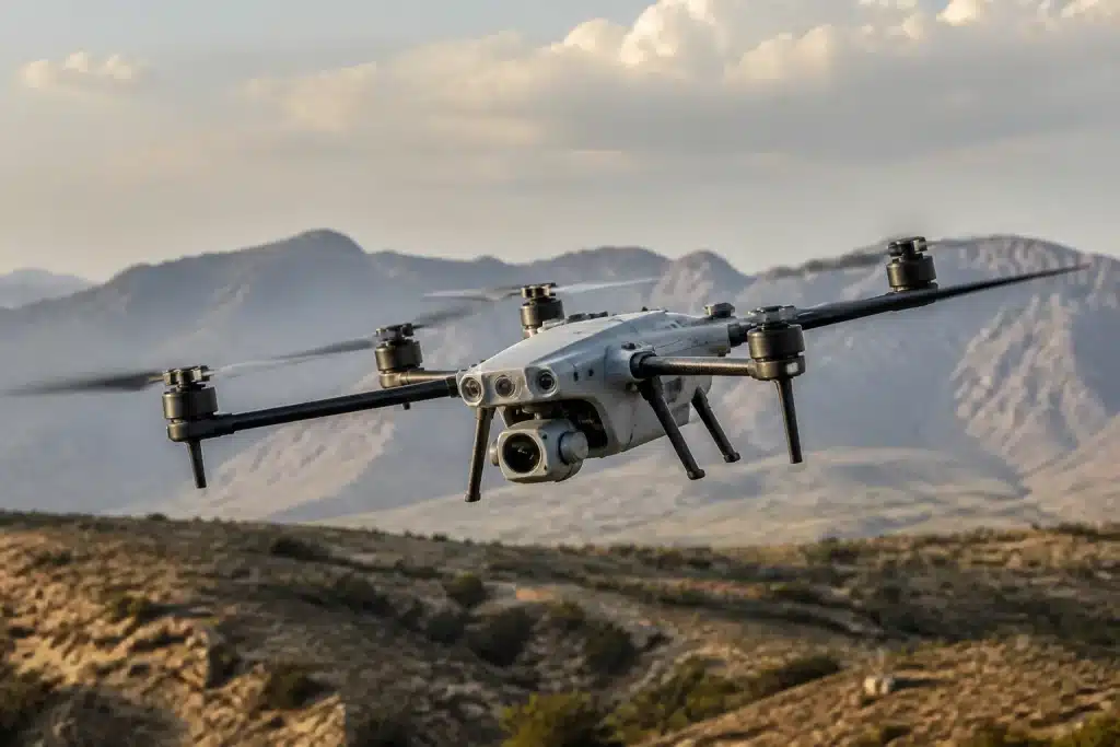 Drone militaire leger en vol operationnel surveillance tactique