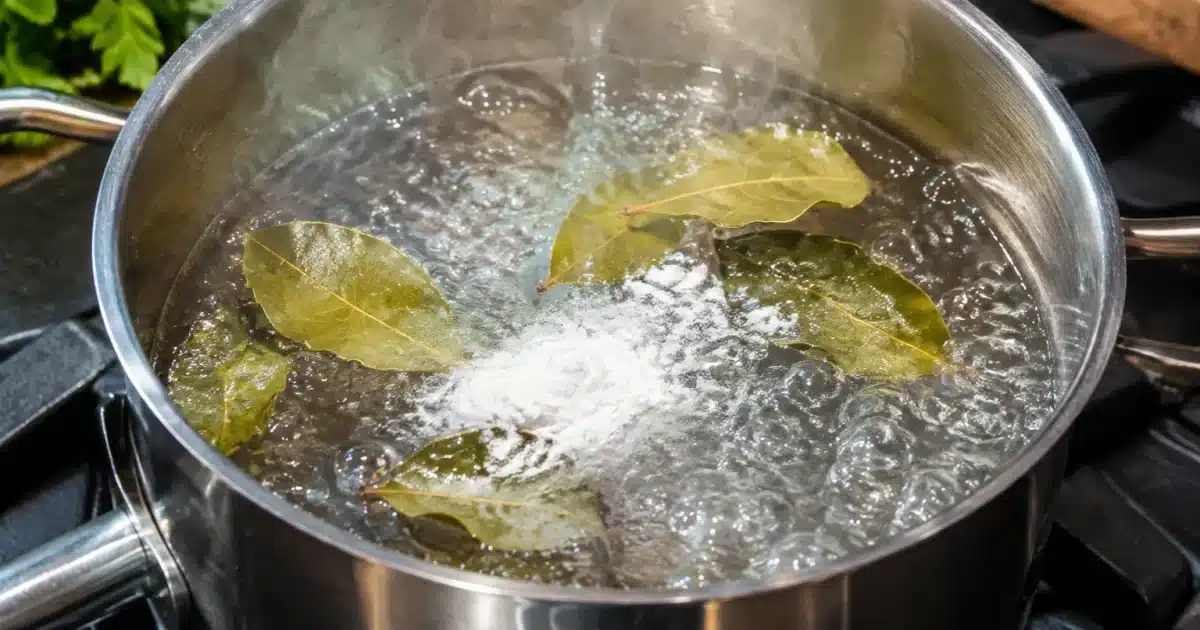 Casserole d'eau bouillante avec feuilles de laurier et poudre blanche dedans