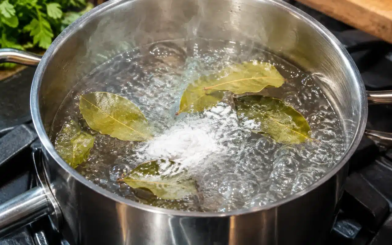 Casserole d'eau bouillante avec feuilles de laurier et poudre blanche dedans