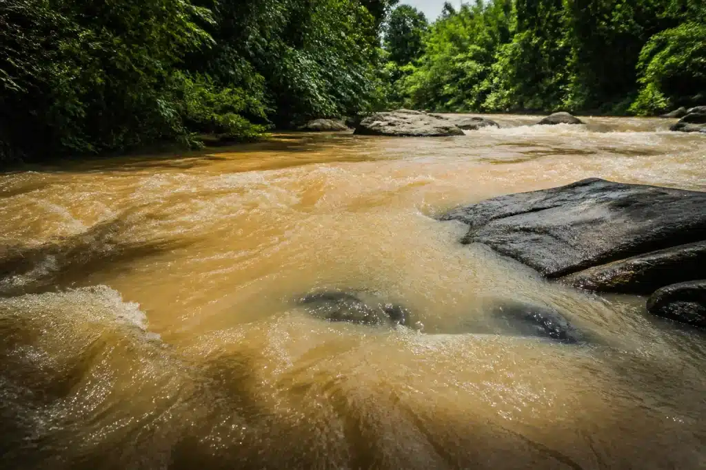 Eau trouble de riviere avec particules visibles apres pluie