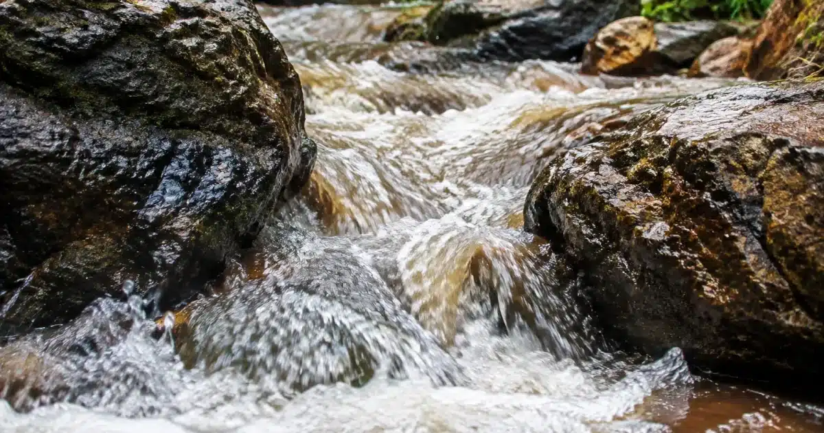 Eau trouble s'ecoulant rapidement entre roches mouillees apres orage