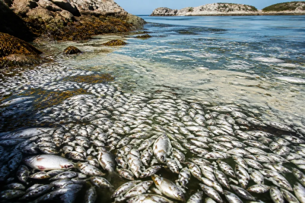 Eaux grises poissons morts surface baie isolee