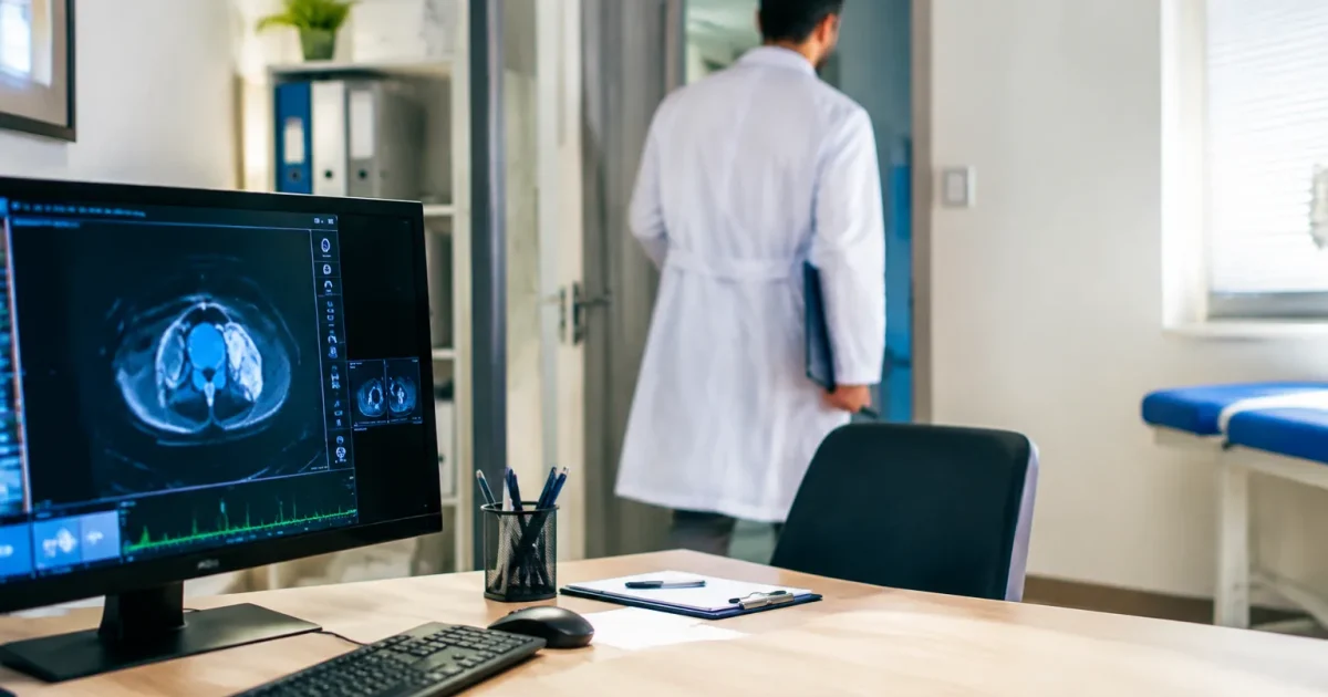 Ecran affichant donnees medicales cabinet vide medecin quittant