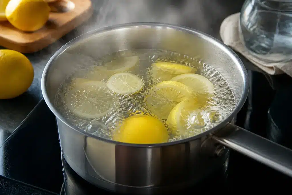 Casserole vapeur citron et vinaigre blanc bouillonnant