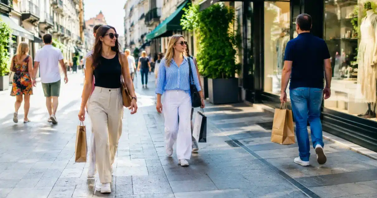 Rue urbaine avec commerces et piétons marchant devant magasins alignés