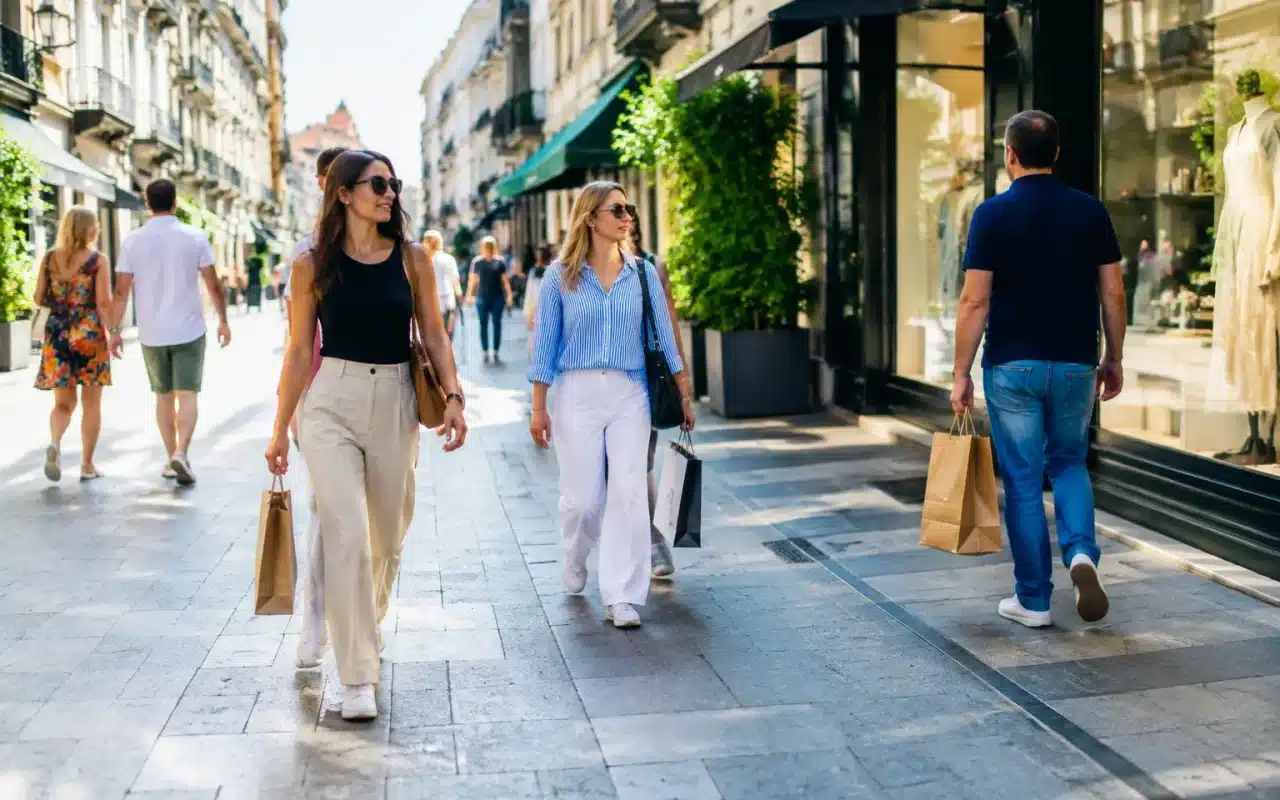 Rue urbaine avec commerces et piétons marchant devant magasins alignés