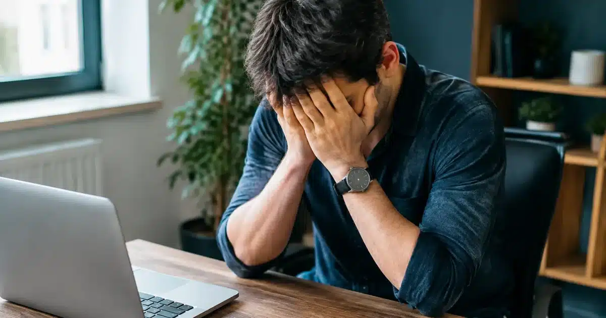 Homme assis à son bureau, tête baissée, mains sur le visage exprimant l'inquiétude