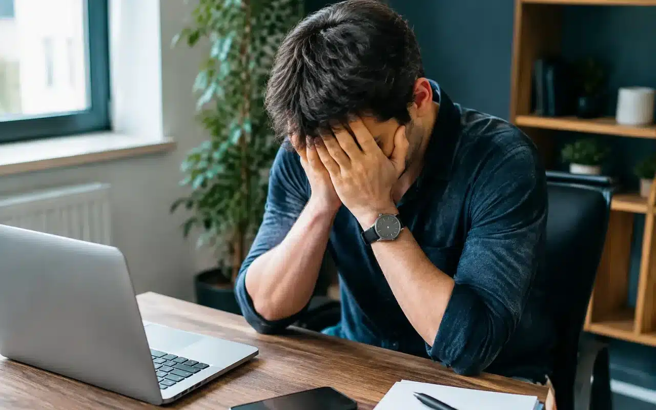 Homme assis à son bureau, tête baissée, mains sur le visage exprimant l'inquiétude