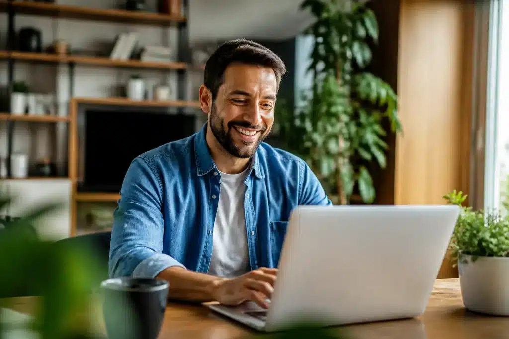 Employe souriant a son bureau en teletravail avec ordinateur portable
