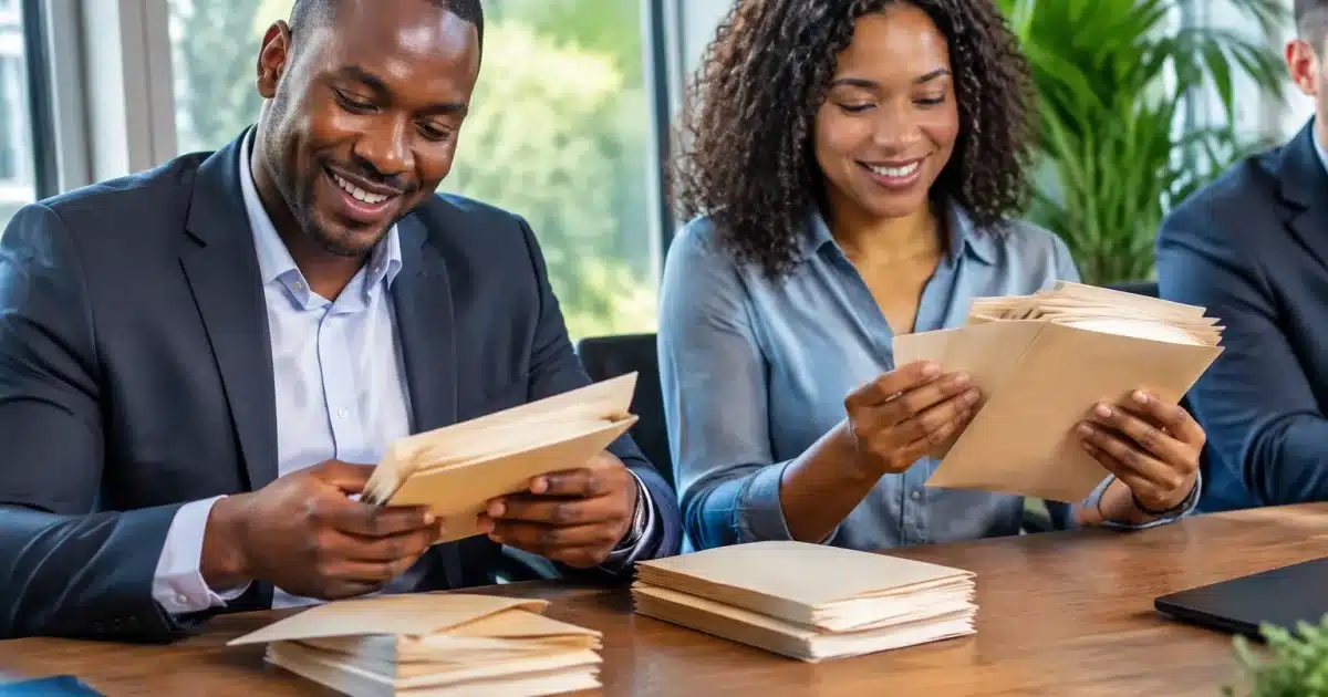 Employes assis recevant enveloppes de salaire epaisses sur table