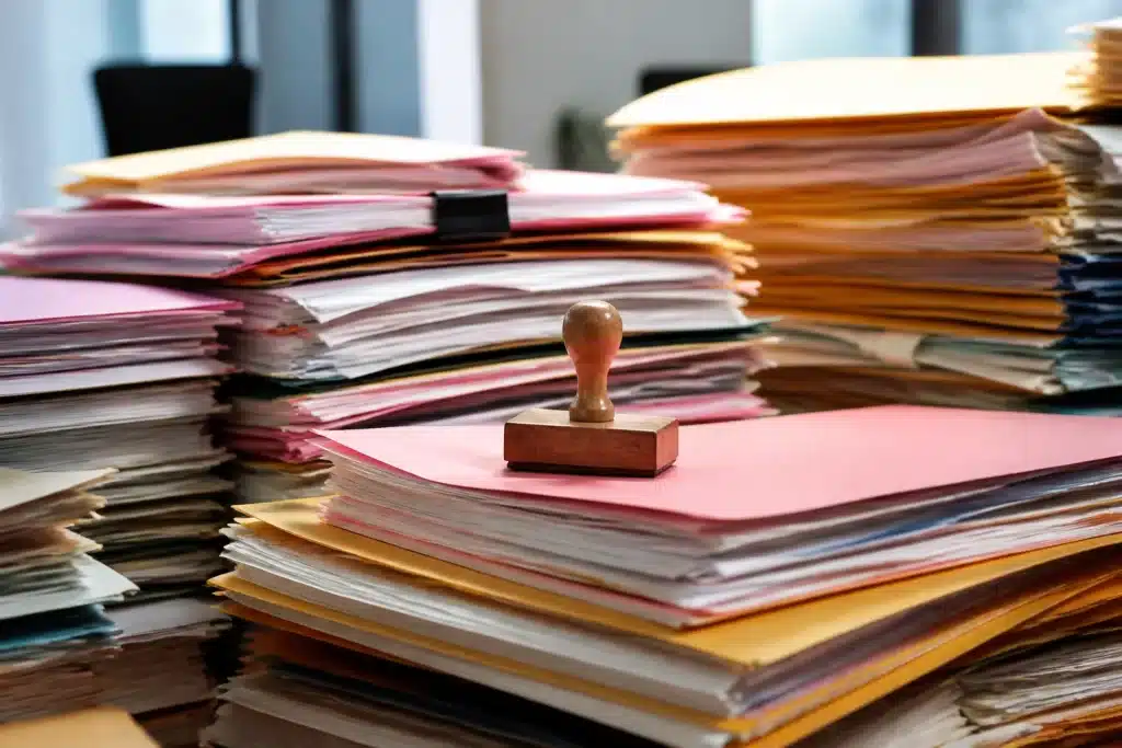 Pile de dossiers administratifs avec tampons et documents officiels