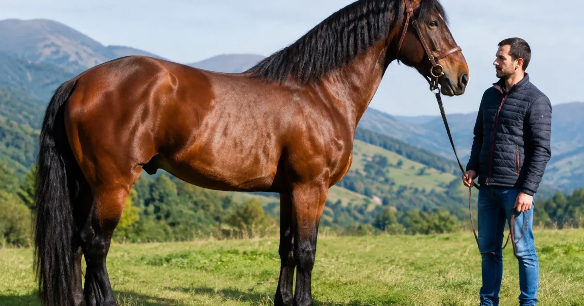 Enorme cheval brun debout de profil pres homme