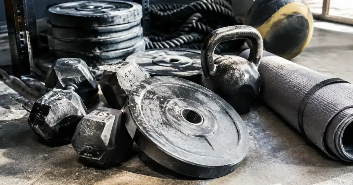 Equipements sportifs empiles au sol, partiellement recouverts de poussiere