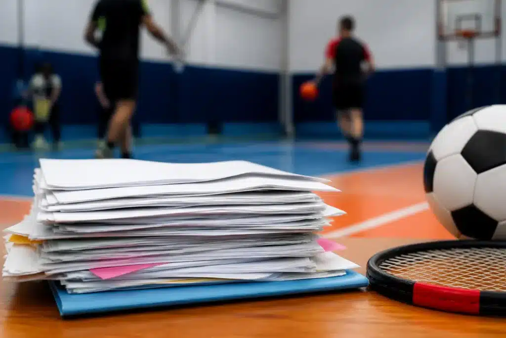 Documents administratifs flous avec équipements sportifs en arrière-plan