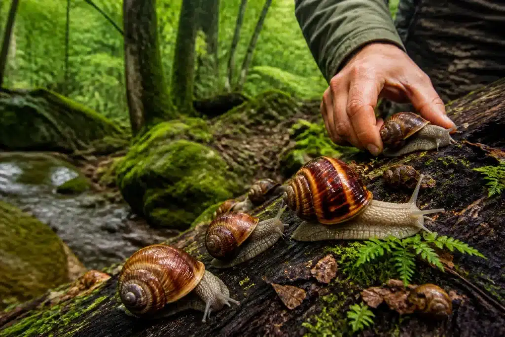Escargots arboricoles liberes dans foret montagne isolee