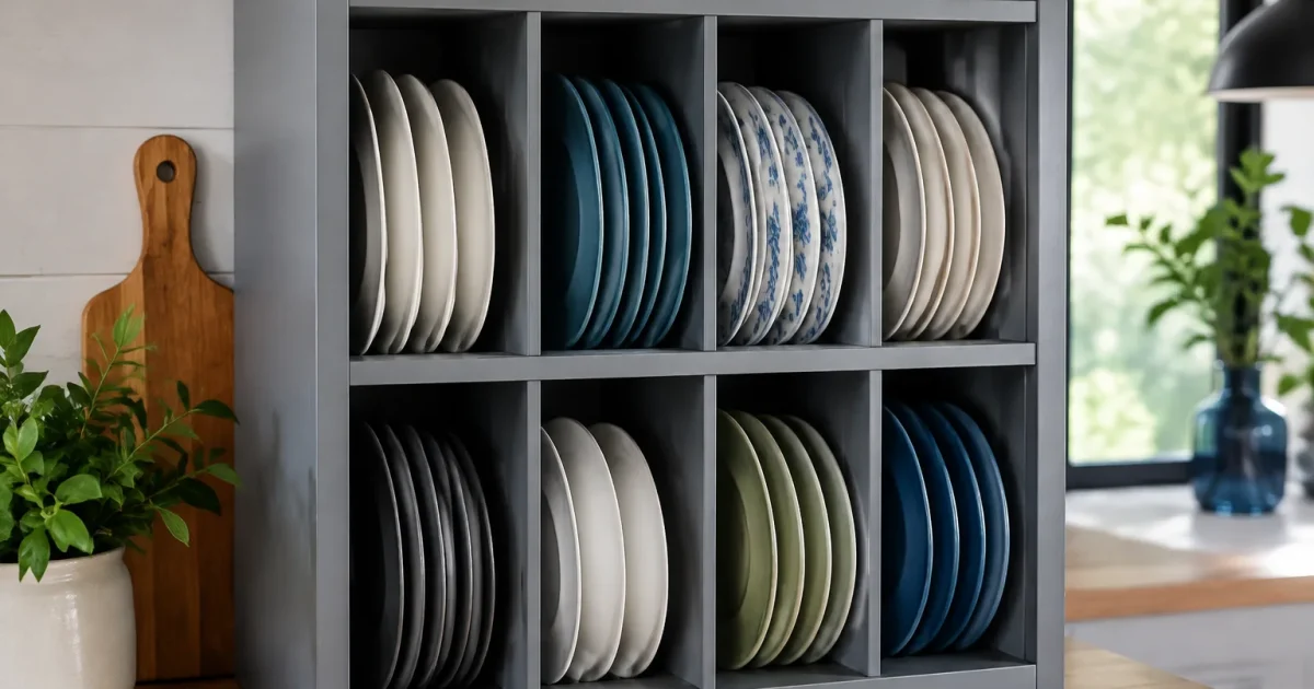 Etagere grise avec compartiments contenant des assiettes debout