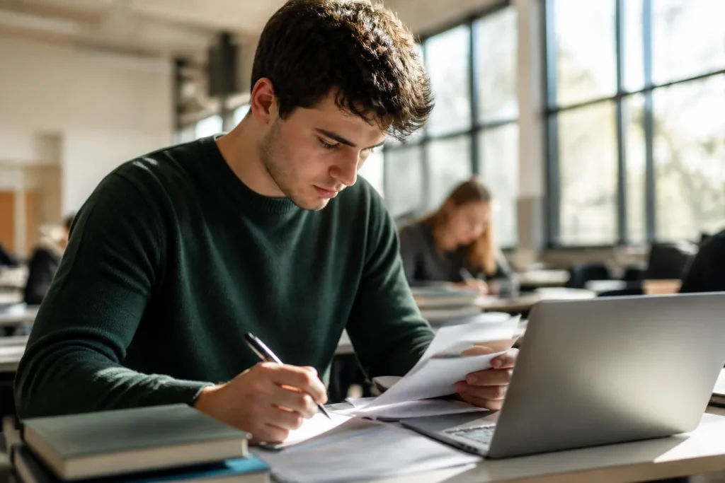 Etudiant travaille avec documents et ordinateur en classe