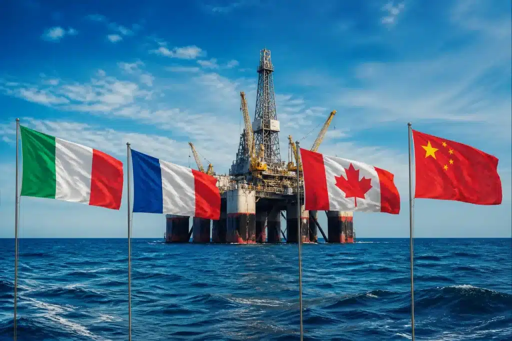Forages pétroliers internationaux avec drapeaux italiens, français, canadiens chinois.