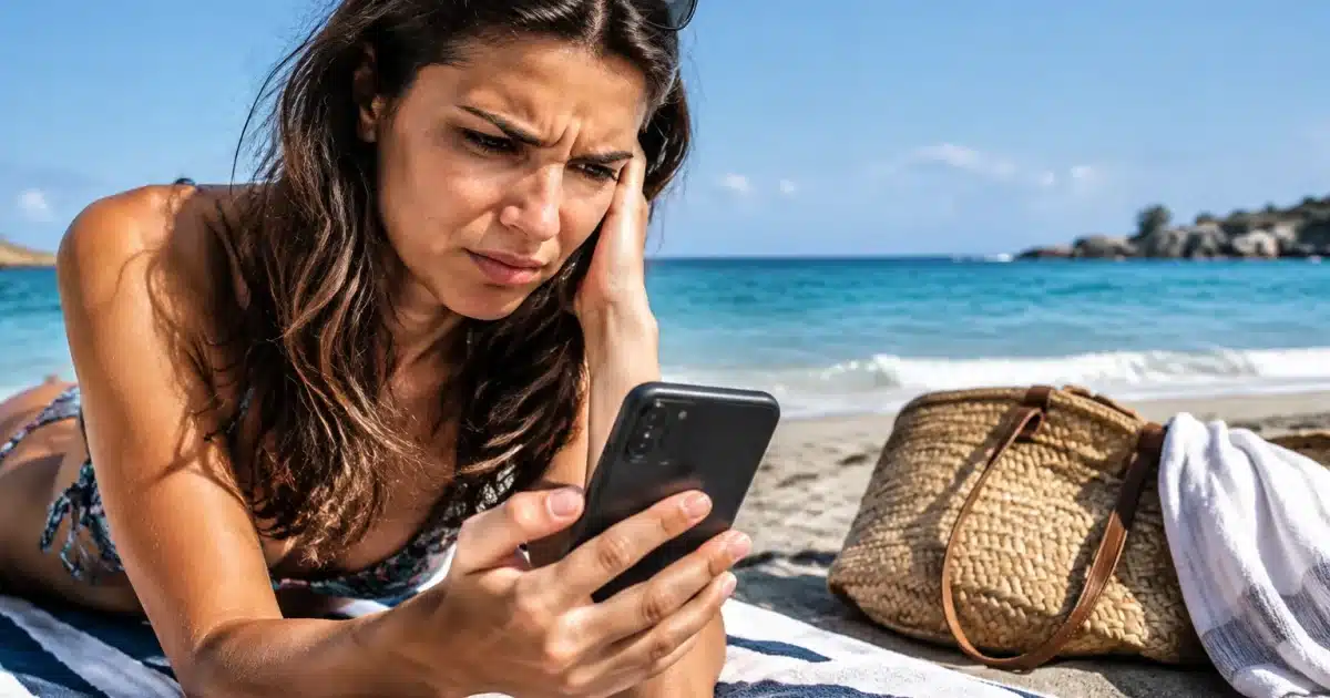 Telephone portable affiche facture elevee sur plage ensoleille