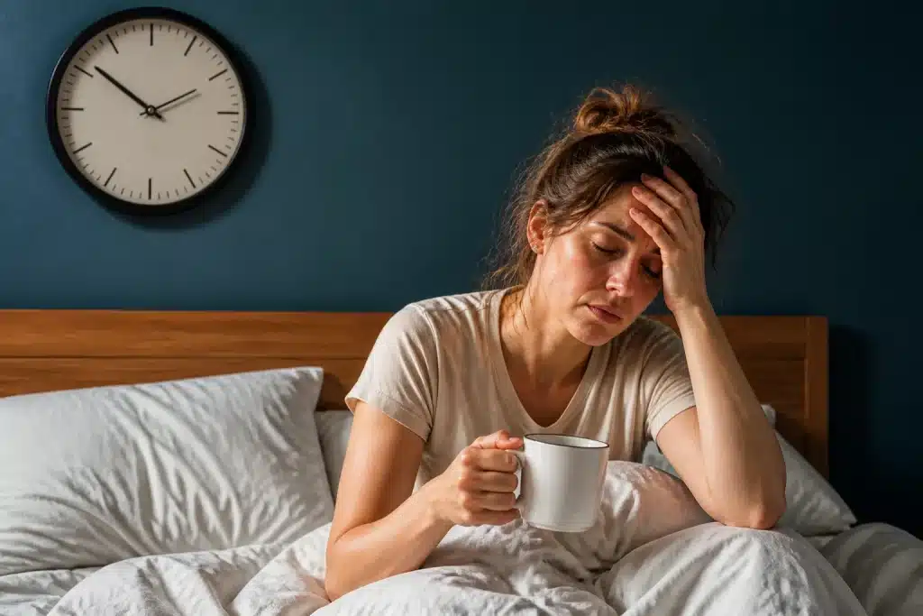 Personne fatiguee au lit avec horloge murale et tasse de cafe