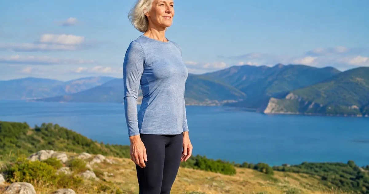 Femme agee debout posture verticale colonne vertebrale droite