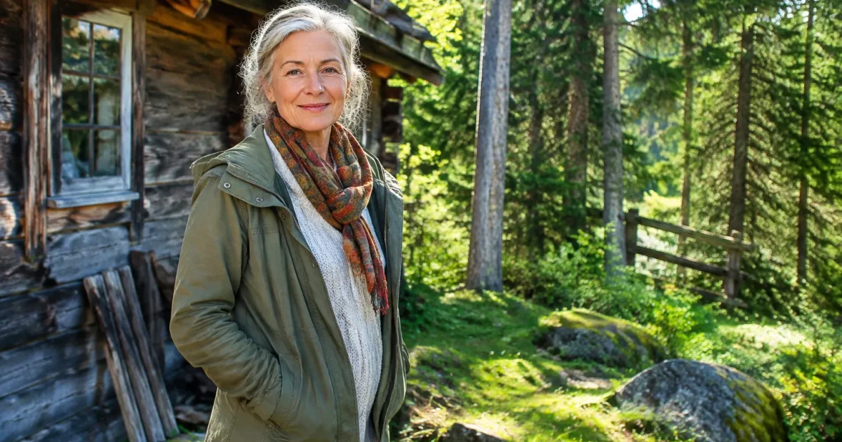 Femme agee debout pres cabane rustique entouree de forets