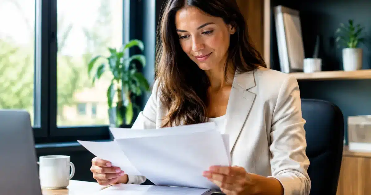 Femme assise à son bureau tenant des documents administratifs