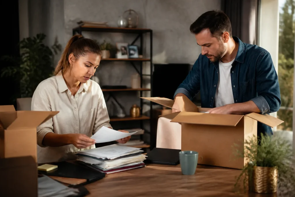 Femme homme dossiers papiers boites carton table