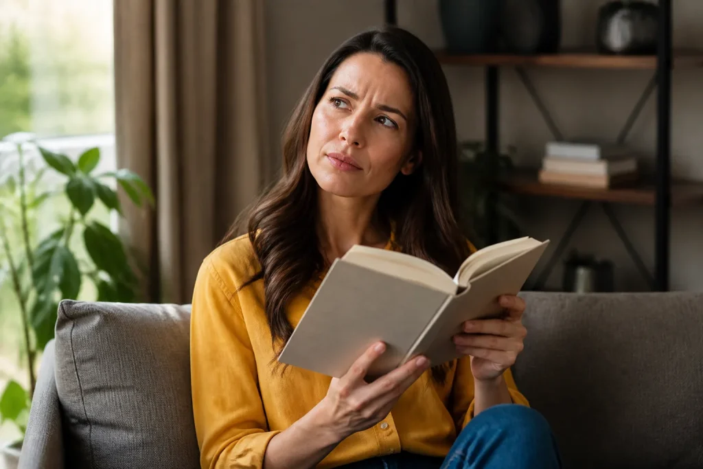 Femme tenant livre avec expression de doute