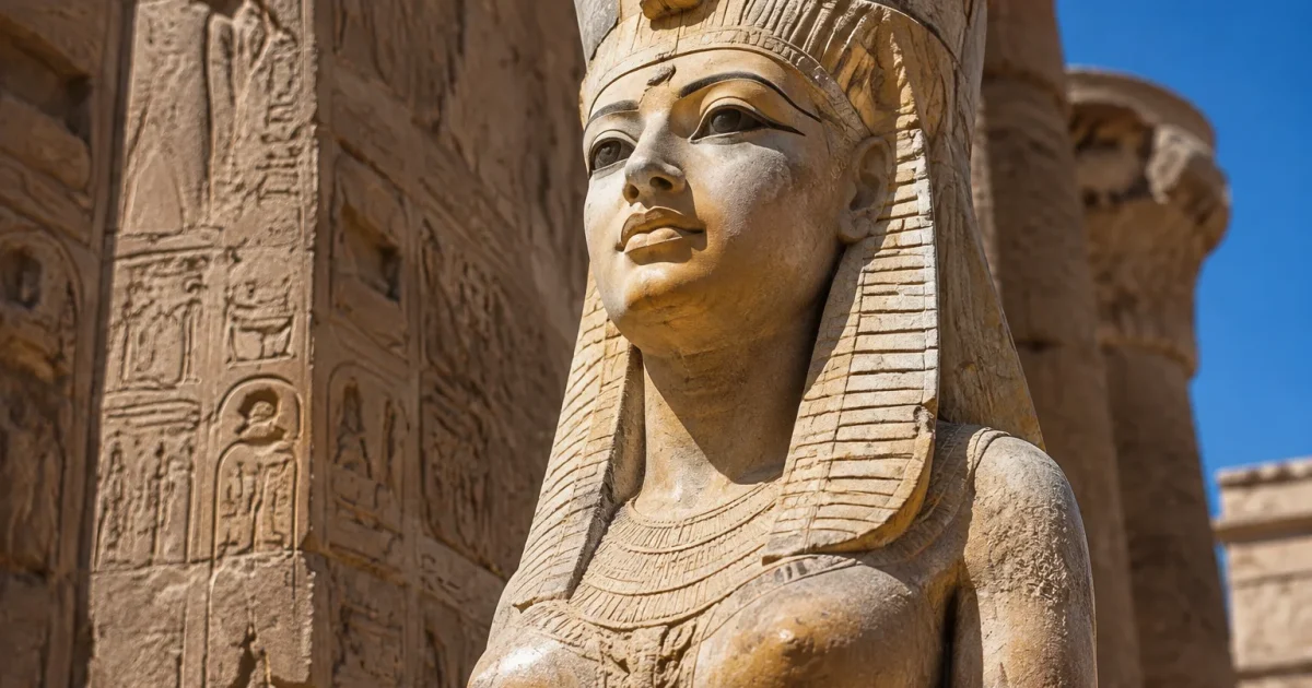 Statue pharaon femme couronnes hieroglyphes pierre ancienne