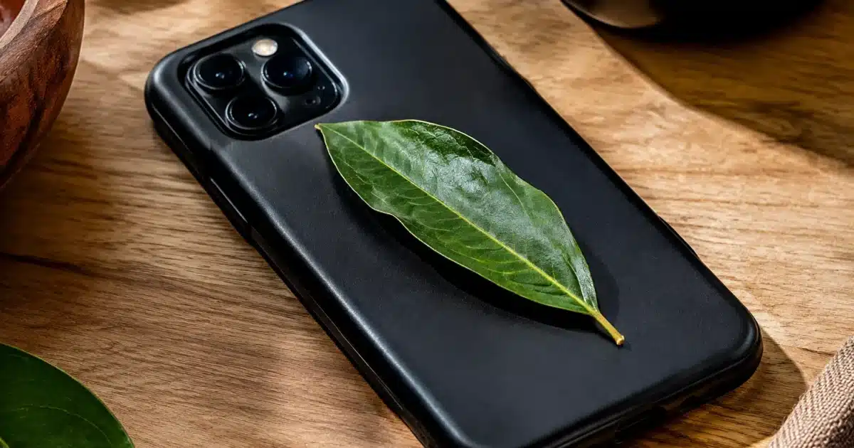 Feuille de laurier glissee dans etui protecteur telephone noir