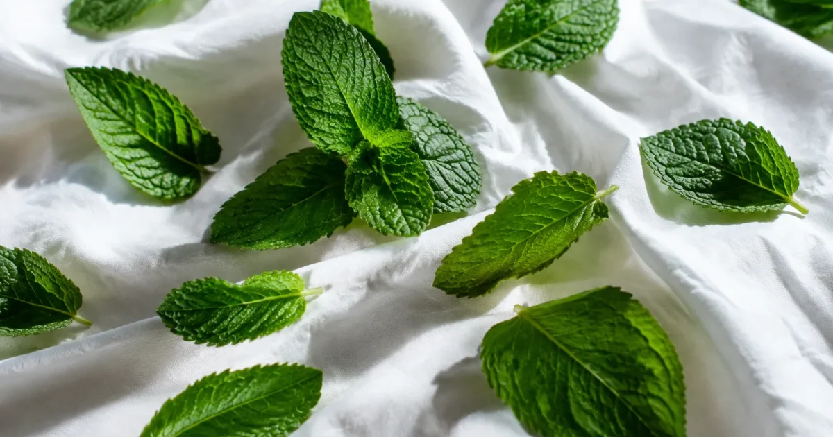 Feuilles menthe vertes deposees sur draps blancs