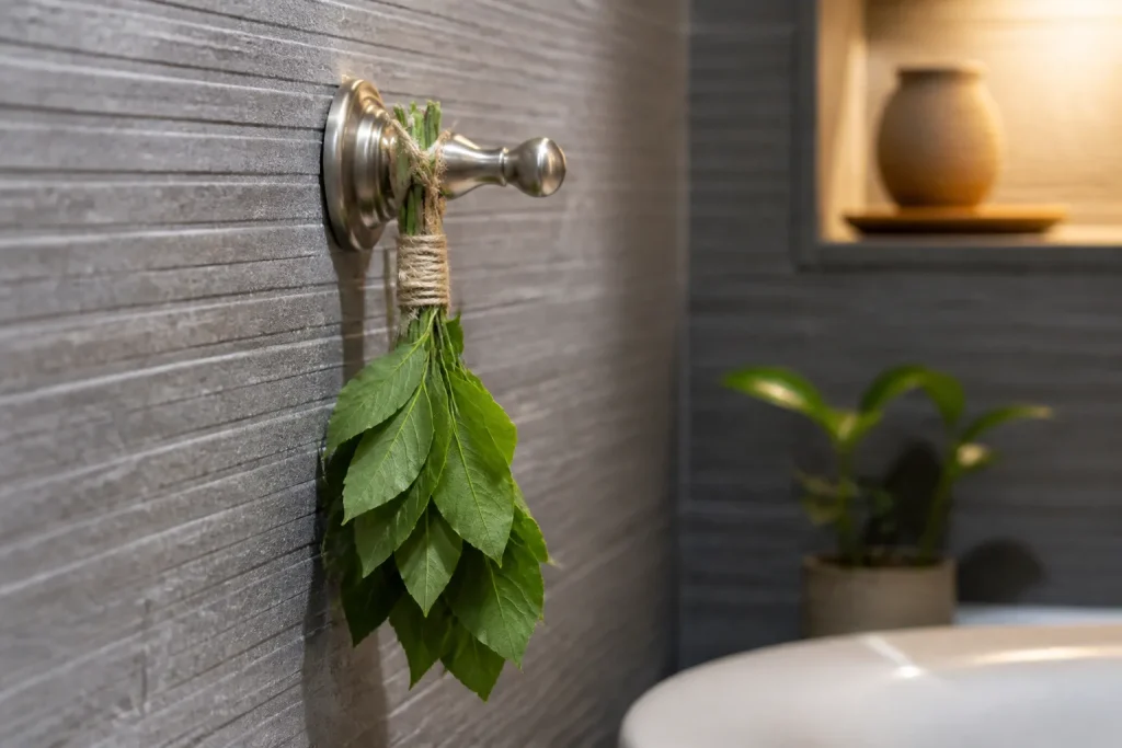 Feuilles vertes attachees ficelle pommeau salle bain
