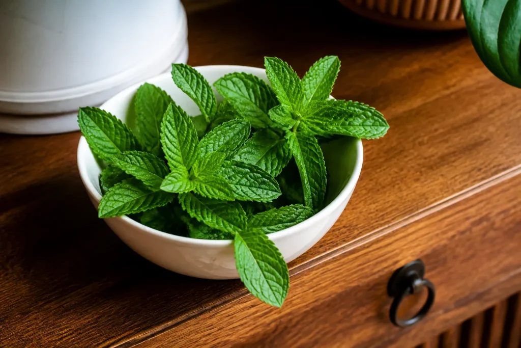 Feuilles vertes menthe dans coupelle blanche sur meuble