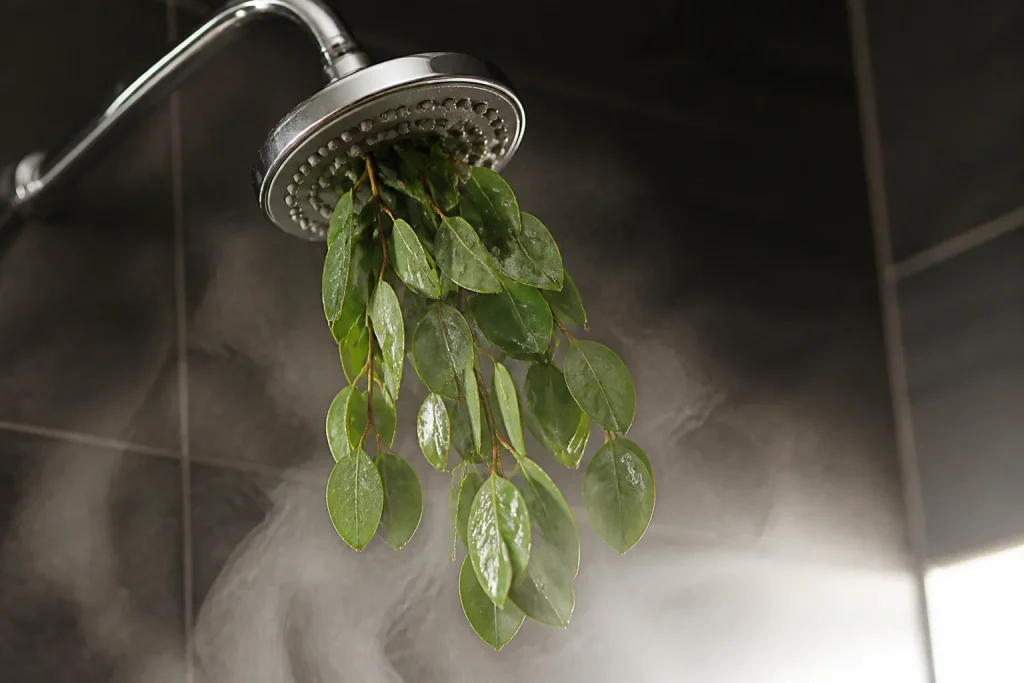 Feuilles vertes suspendues au pommeau avec vapeur chaude