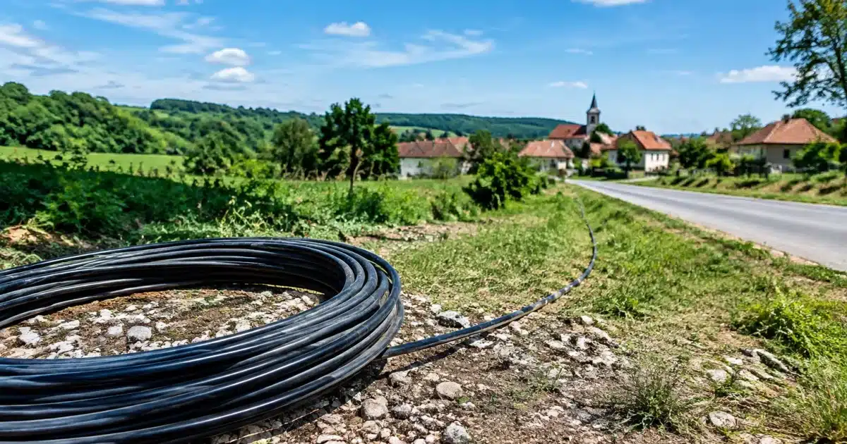 Cable de fibre optique arretant brusquement avant l'entree d'un petit village rural