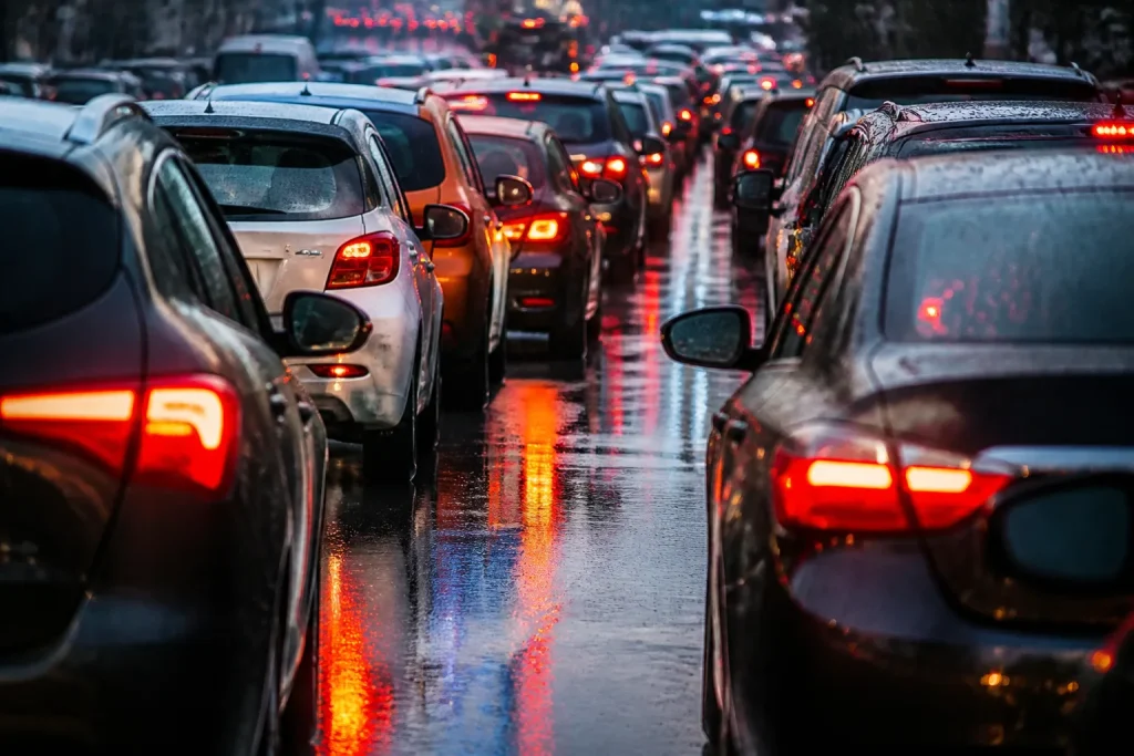 Files denses de voitures immobiles sous pluie