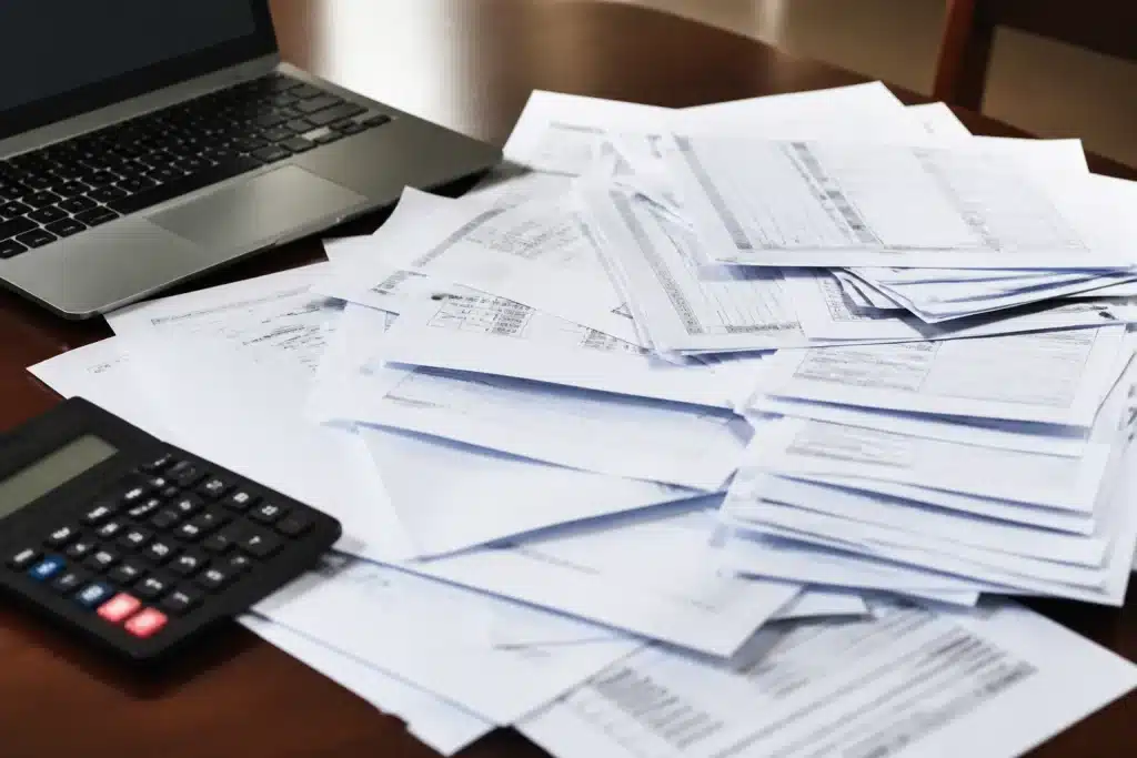 Factures et documents éparpillés montrant des chiffres financiers élevés