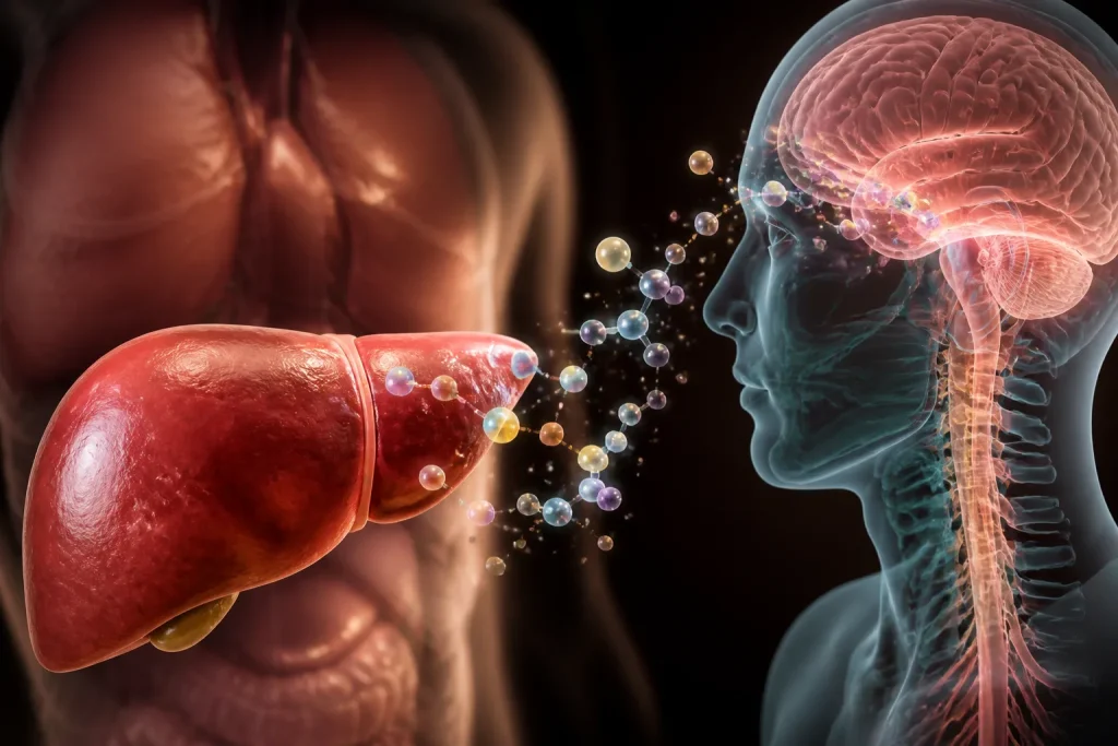 Foie rouge avec molecules circulant vers cerveau