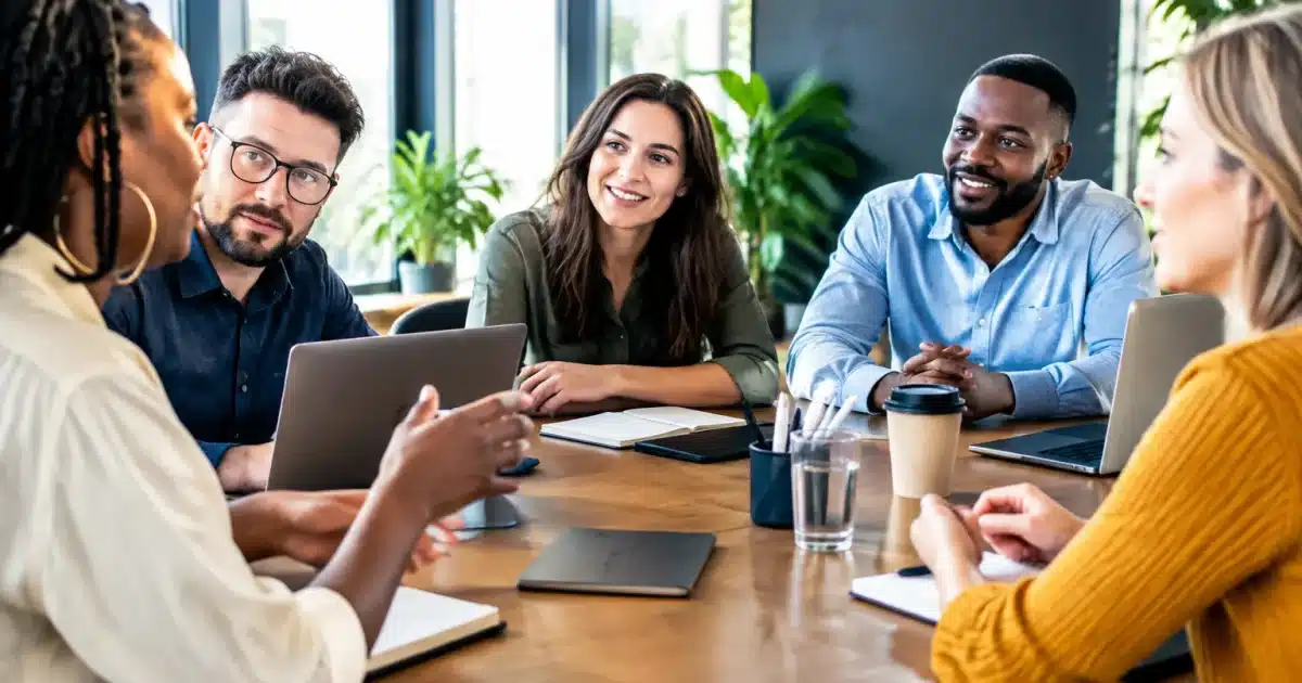 Groupe de salaries assis autour table reunions inclusives