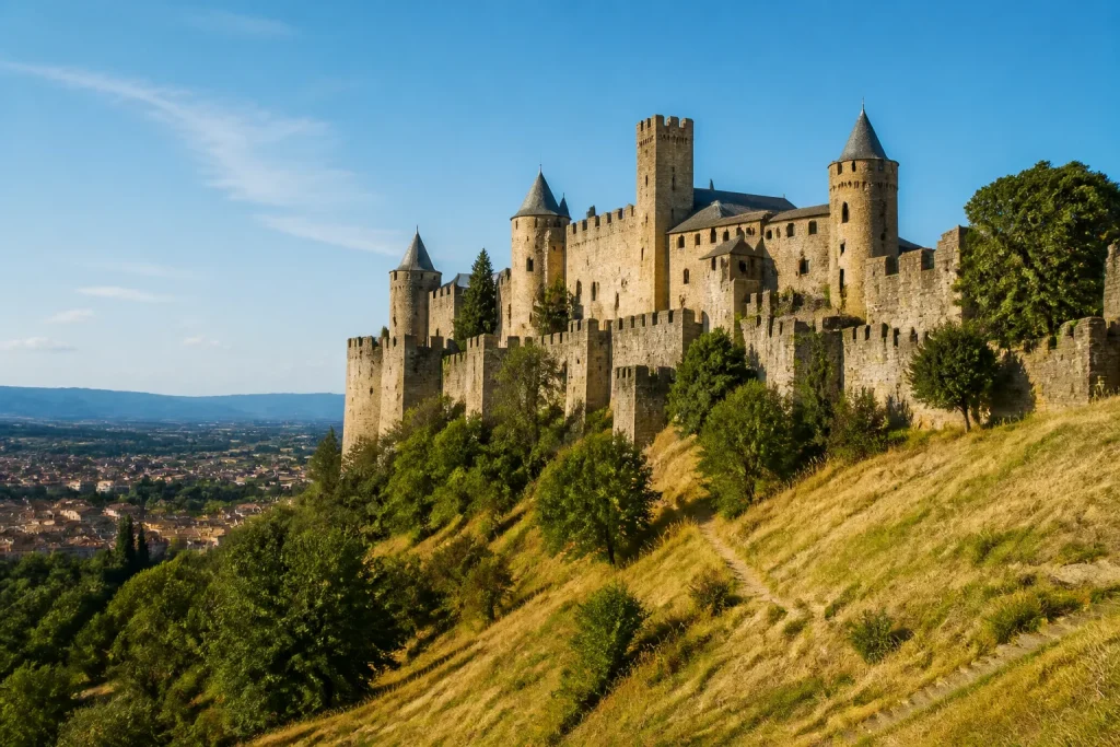 Forteresse medievale en pierre dominant la campagne