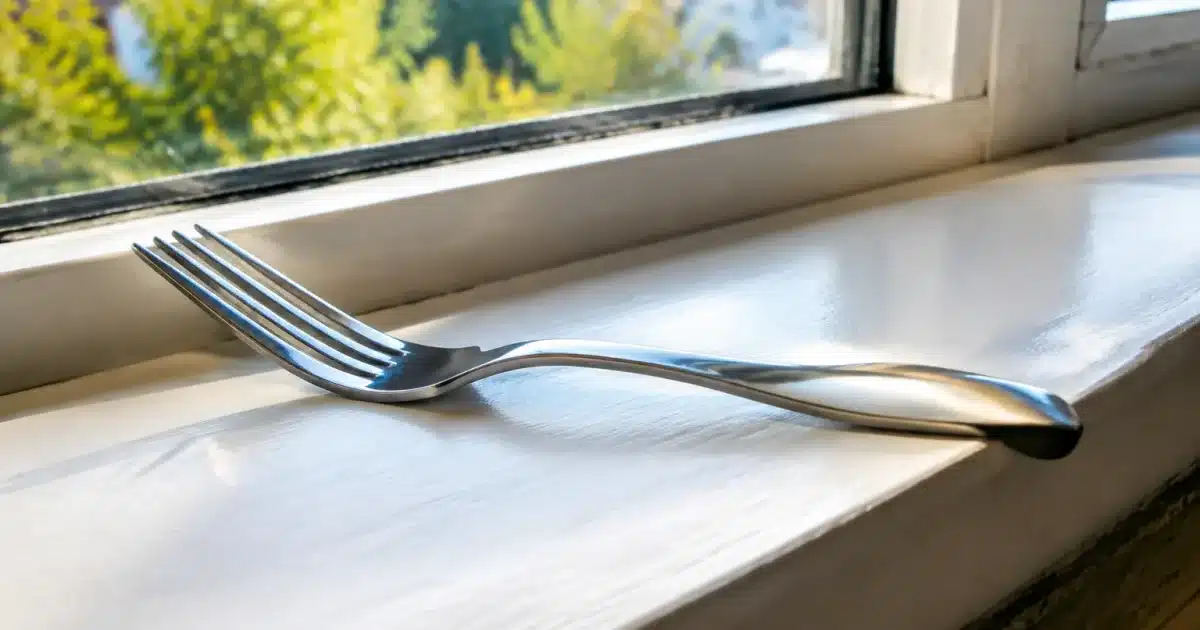 Une fourchette en metal posee sur rebord fenetre interieur