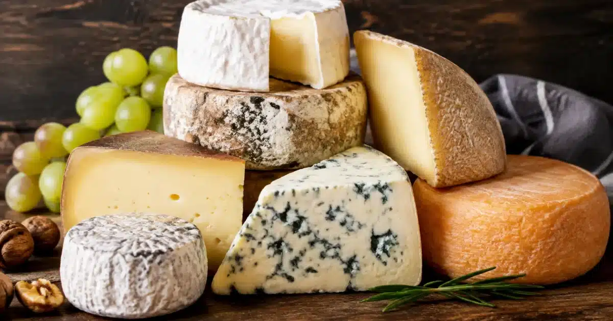 Varietes de fromages francais traditionnels empiles sur surface bois