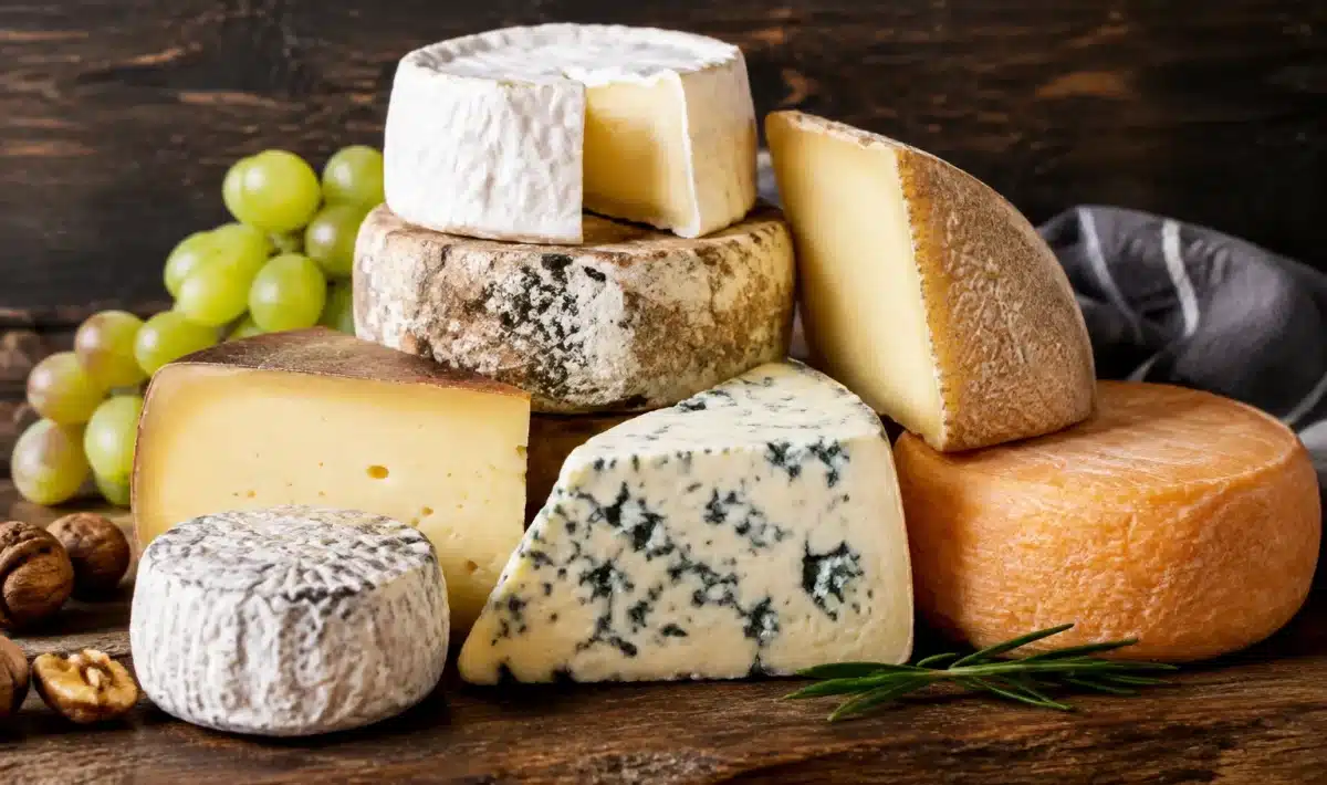 Varietes de fromages francais traditionnels empiles sur surface bois