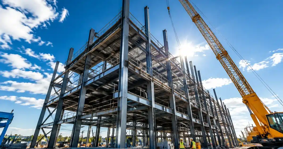 Chantier géant avec structures métalliques massives s'élevant verticalement