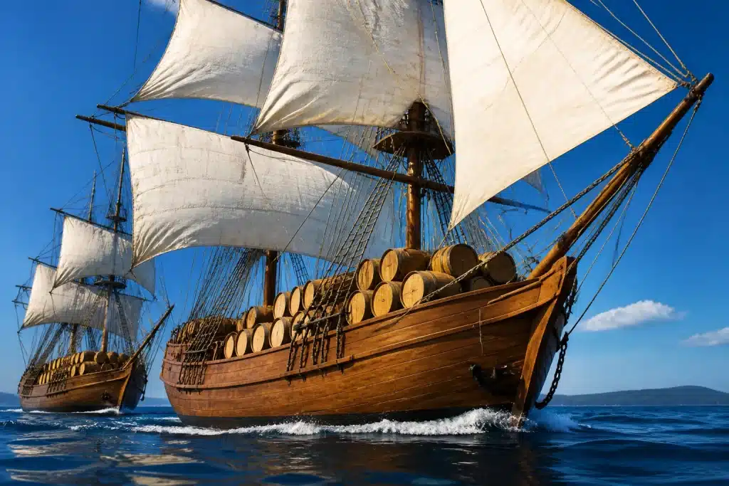 Navires voiles gonflees transportant tonneaux or argent