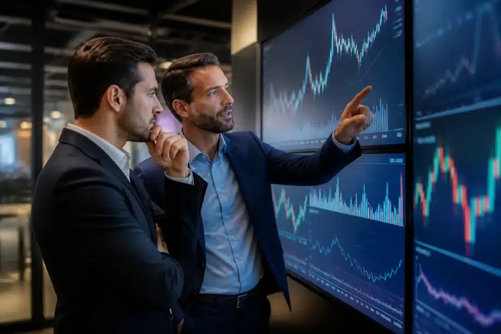 Hommes d'affaires observant graphiques financiers opaquesombragés